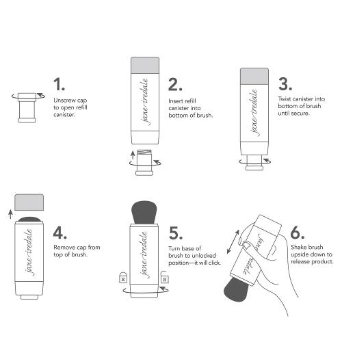 Na zdjęciu widoczna jest instrukcja obsługi pędzla z pudrem sypkim Jane Iredale – Powder-Me SPF. Obrazek krok po kroku ilustruje, jak zamontować wkład z pudrem i przygotować pędzel do użycia. Instrukcja składa się z 6 etapów