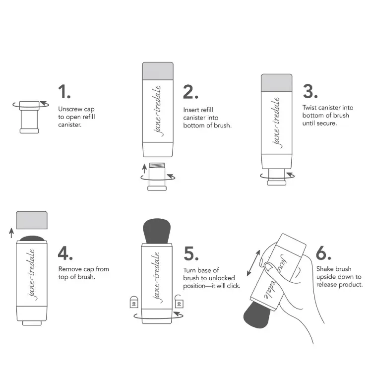 Na zdjęciu widoczna jest instrukcja obsługi pędzla z pudrem sypkim Jane Iredale – Powder-Me SPF. Obrazek krok po kroku ilustruje, jak zamontować wkład z pudrem i przygotować pędzel do użycia. Instrukcja składa się z 6 etapów