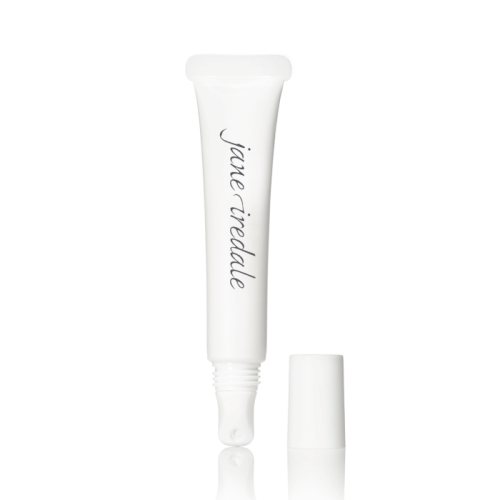 Na zdjęciu znajduje się przezroczysta tubka produktu marki Jane Iredale z białą zakrętką i aplikatorem typu „roll-on” lub ściętym. Opakowanie jest minimalistyczne, z eleganckim logotypem marki nadrukowanym na froncie.