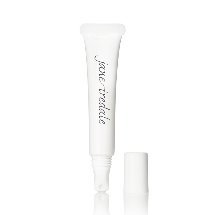 Na zdjęciu znajduje się przezroczysta tubka produktu marki Jane Iredale z białą zakrętką i aplikatorem typu „roll-on” lub ściętym. Opakowanie jest minimalistyczne, z eleganckim logotypem marki nadrukowanym na froncie.