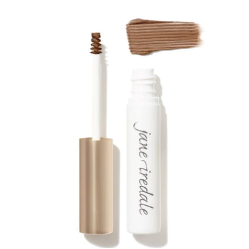 Na zdjęciu jest PureBrow® Brow Gel jane iredale w eleganckim opakowaniu: Tubka w matowej bieli z logo marki. Złote, satynowe wykończenie zakrętki dodaje luksusowego charakteru.  Precyzyjna mała szczoteczka, idealna do aplikacji na brwi.