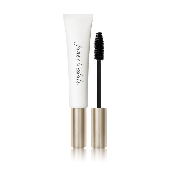 Na zdjęciu jest tusz do rzęs Jane Iredale Longest Lash Mascara. Nietypowa forma białej tubki  zakończonej elegancką, złotą zakrętką.  Dołączona klasyczna szczoteczka o gęstym włosiu, zaprojektowana, by nadawać objętość i długość.