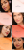 Na zdjęciu zaprezentowano cztery odcienie produktów z kolekcji Just Kissed Lip and Cheek Stain marki Jane Iredale, wraz z wizerunkami modelek prezentujących każdy z nich. Każdy produkt łączy właściwości pielęgnacyjne z kolorem