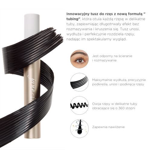 Na obrazku widzimy innowacyjny tusz do rzęs Jane Iredale z formułą „tubing”, który obok ma wypisane zalety  i co go wyróżnia.