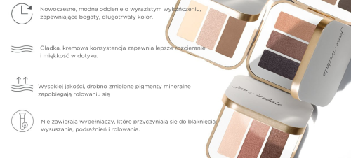 Na grafice widzimy zdjęcie cieni do powiek Jane Iredale PurePressed Eye Shadow Triple oraz opisane cztery kluczowe cechy produktu.