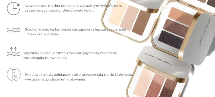 Na grafice widzimy zdjęcie cieni do powiek Jane Iredale PurePressed Eye Shadow Triple oraz opisane cztery kluczowe cechy produktu.