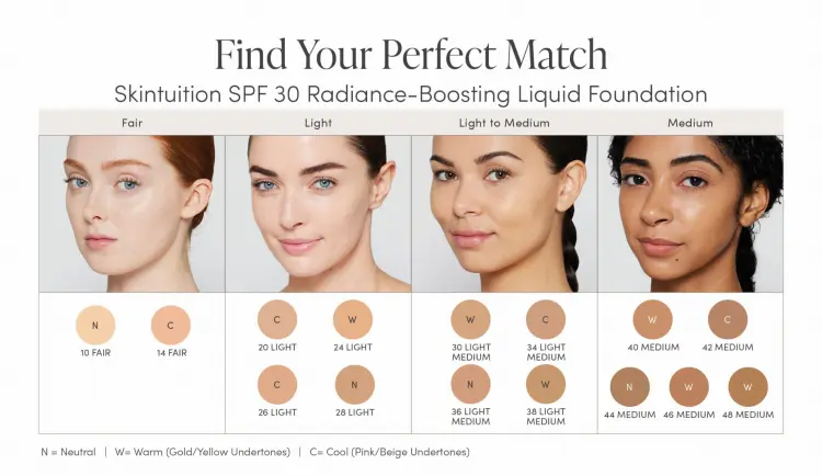 To zdjęcie to tabela odcieni podkładu Jane Iredale Skintuition SPF 30 Radiance-Boosting Liquid Foundation. Pomaga dobrać odpowiedni kolor produktu do odcienia i podtonu skóry.