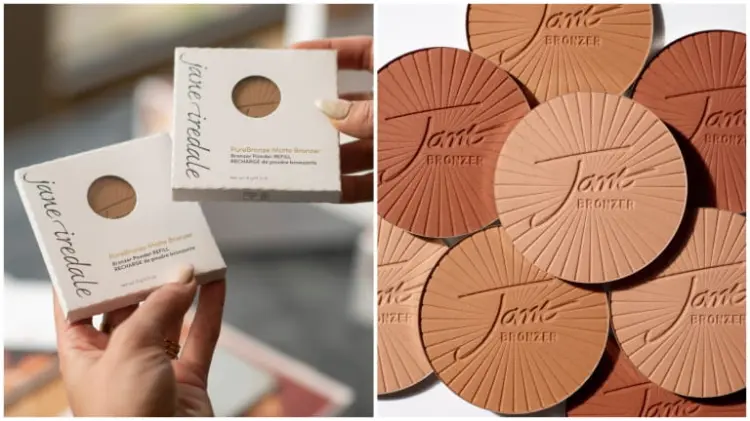 Na zdjęciu widzimy PureBronze Matte Bronzer od Jane Iredale w eleganckim, minimalistycznym opakowaniu oraz rozłożone odcienie produktu.