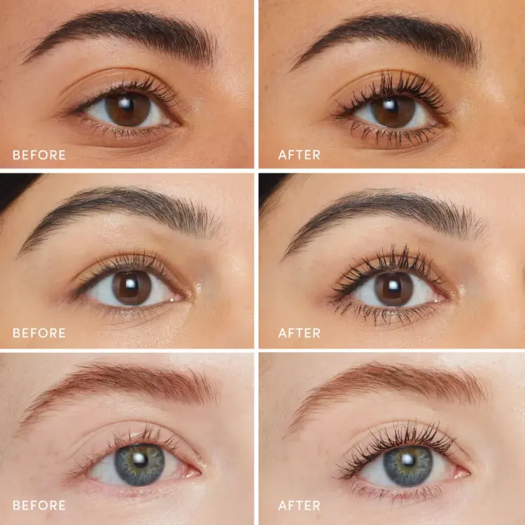 Na zdjęciu są trzy pary oczu modelek przed  i po pomalowaniu rzęs tuszem  Lash Fixation Tubing Mascara. Rzęsy są wyraźnie dłuższe, gęstsze i dobrze rozczesane.