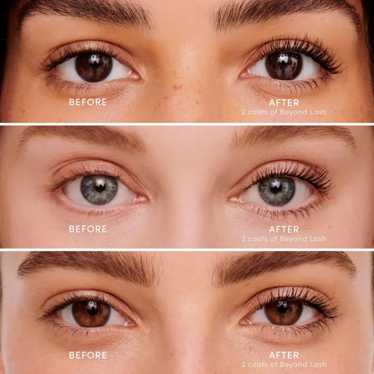 Na zdjęciu są trzy pary oczu modelek przed  i po pomalowaniu rzęs tuszem Beyond Lash Volumizng Mascara. Rzęsy są wyraźnie dłuższe, gęstsze i dobrze rozczesane.