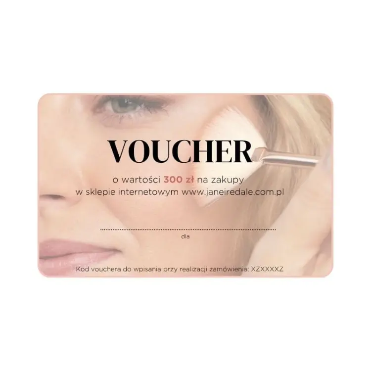Voucher na kwotę 300 zł na zakupy w sklepie internetowym www.janeiredale.com.pl. Duży napis VOUCHER, niżej  informacja „o wartości 300 zł na zakupy”.  Na dole miejsce na wpisanie osoby obdarowanej i kod vouchera. W tle widać twarz kobiety z pędzlem.