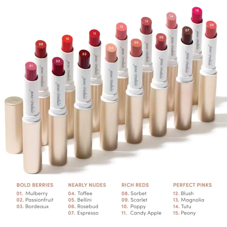To zdjęcie prezentuje kolekcję szminek Jane Iredale z podziałem na cztery kategorie kolorystyczne: BOLD BERRIES–głębokie, jagodowe odcienie. NEARLY NUDES–subtelne, naturalne kolory. RICH REDS- żywe czerwienie. PERFECT PINKS–uniwersalne odcienie różu