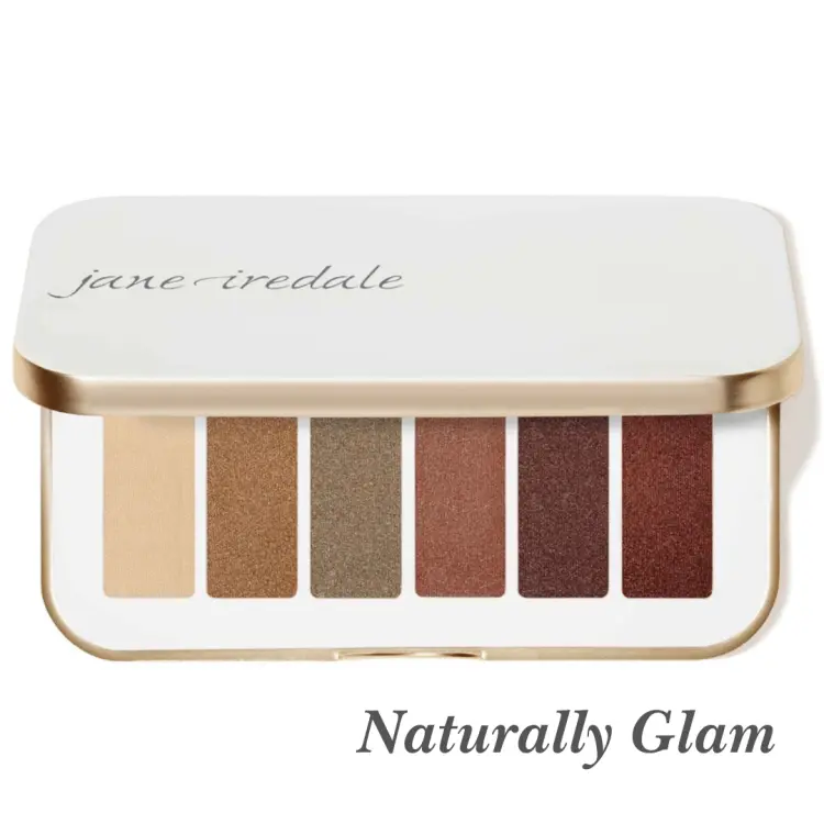 Pokazane pomalowane oko oraz próbki kolorów z paletki Naturally Glam: od lewej: Jasny waniliowy beż, Złoty brąz, Chłodna oliwka z nutą szarości, Miedziany róż/brąz, Czekoladowy burgund, Ciepły rdzawy brąz