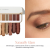 Pokazane pomalowane oko oraz próbki kolorów z paletki Naturally Glam: od lewej: Jasny waniliowy beż, Złoty brąz, Chłodna oliwka z nutą szarości, Miedziany róż/brąz, Czekoladowy burgund, Ciepły rdzawy brąz