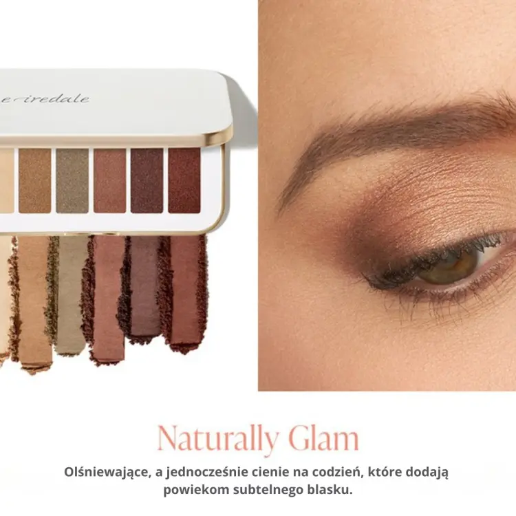 Pokazane pomalowane oko oraz próbki kolorów z paletki Naturally Glam: od lewej: Jasny waniliowy beż, Złoty brąz, Chłodna oliwka z nutą szarości, Miedziany róż/brąz, Czekoladowy burgund, Ciepły rdzawy brąz