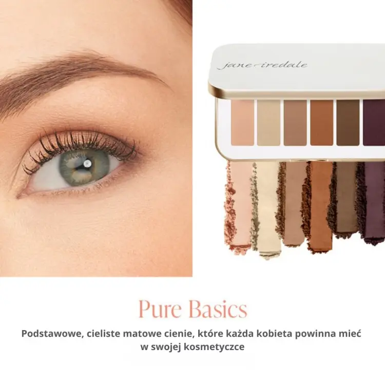 Pokazane pomalowane oko oraz próbki kolorów z paletki Pure Basic,  od lewej: matowy kremowy róż, matowa wanilia, matowy delikatna szary brąz, matowa jasna terakota, matowy popielaty brąz, matowa głęboka śliwka