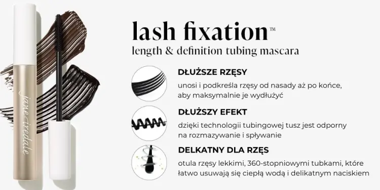 Po prawej stronie znajduje się tekst promujący produkt Lash Fixation Length & Definition Tubing Mascara z opisem jego kluczowych zalet: