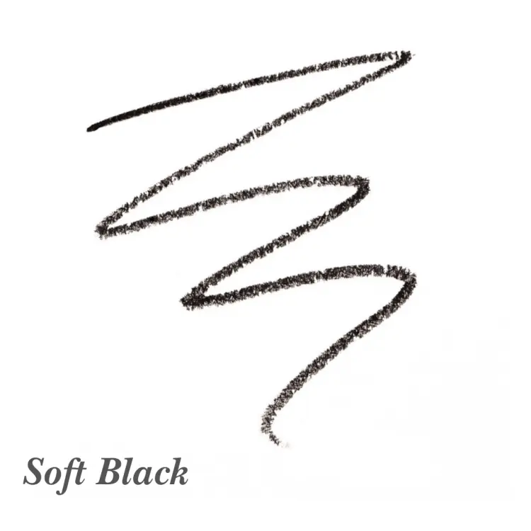 Próbka koloru kredki do brwi Jane Iredale PureBrow Shaping Pencil Soft Black – bardzo ciemny, intensywny brąz wpadający w czerń. Odpowiedni dla osób o czarnych lub bardzo ciemnych włosach, które pragną mocnego podkreślenia brwi bez efektu przerysowania.
