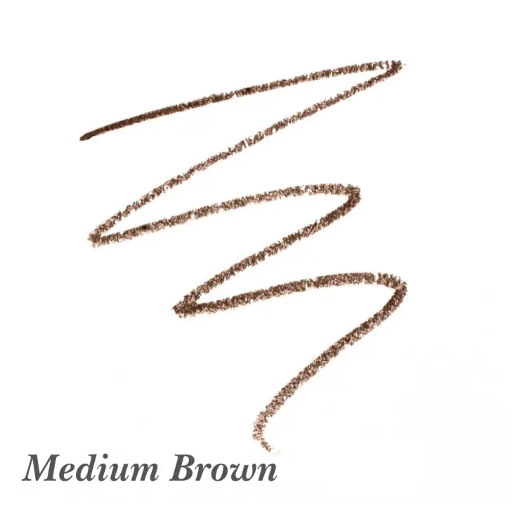 Próbka koloru kredki do brwi Jane Iredale PureBrow Precision Pencil Medium Brown – klasyczny średni brąz z neutralnym podtonem. Uniwersalny kolor dla osób o brązowych włosach lub ciemnym blondzie.