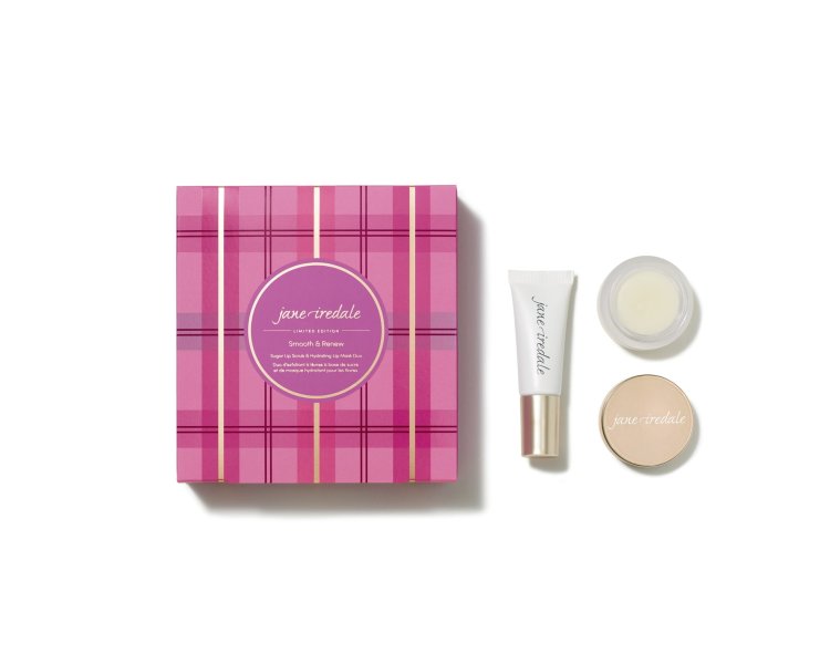 Zestaw prezentowy w eleganckim pudełku w różową kratkę z napisem Smooth &amp; Renew. Zestaw zawiera: Scrub cukrowy do ust (Sugar Lip Scrub) i nawilżająca maska do ust (Hydrating Lip Mask).