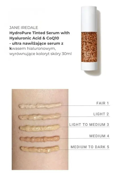 Na zdjęciu widać próbki kolorów produktu hydropure tinted serum w formie swatchy, na damskim przedramieniu o jasnej i średniej karnacji.