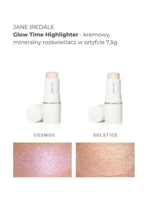 Na zdjęciu widać próbki kolorów produktu glow time highlighter stick w formie swatchy, na damskim przedramieniu o jasnej i średniej karnacji.