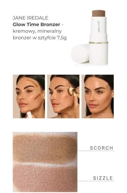 Na zdjęciu widać próbki kolorów produktu glow time bronzer stick w formie swatchy, na damskim przedramieniu o jasnej i średniej karnacji.