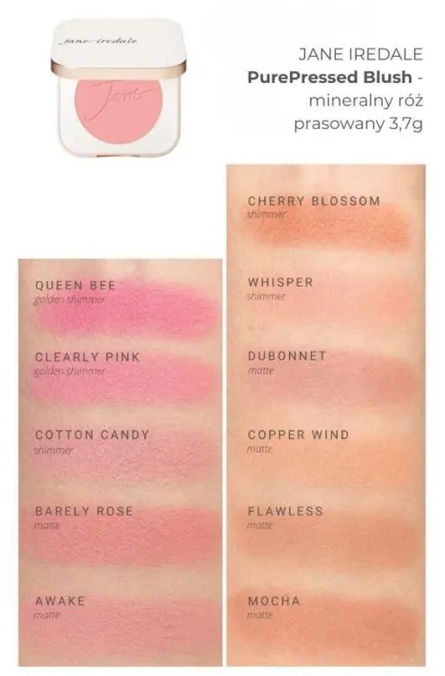 Na zdjęciu widać próbki kolorów produktu purepressed blush w formie swatchy, na damskim przedramieniu o jasnej i średniej karnacji.