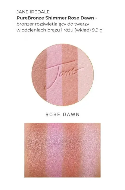 Na zdjęciu widać próbki kolorów produktu purebronze shimmer bronzer rose down w formie swatchy, na damskim przedramieniu o jasnej i średniej karnacji.