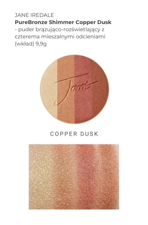 Na zdjęciu widać próbki kolorów produktu purebronze shimmer bronzer copper dusk w formie swatchy, na damskim przedramieniu o jasnej i średniej karnacji.