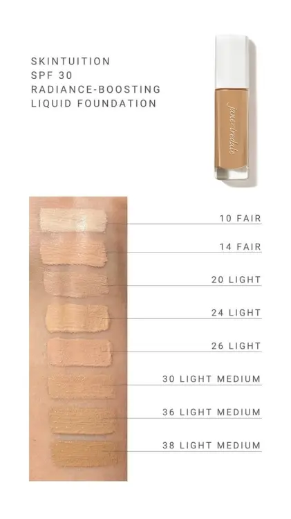 To zdjęcie jak jasne odcienie podkładu Jane Iredale Skintuition SPF 30 Radiance-Boosting Liquid Foundation prezentują się na skórze w formie swatchy.