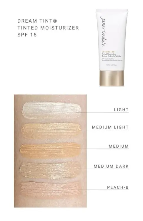 Grafika zJane Iredale – Dream Tint® Tinted Moisturizer SPF 15 wraz z dostępnymi odcieniami. U góry widoczny jest produkt. Poniżej są swatche pięciu kolorów na skórze, co ułatwia dopasowanie odpowiedniego odcienia.