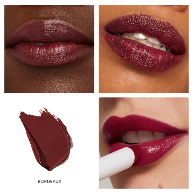 Na zdjęciu widzimy pomadkę Jane Iredale w odcieniu Bordeaux. Bordeaux to głęboki, intensywny odcień czerwonego wina. Pasuje do różnych tonacji skóry, zwłaszcza średnich i ciemniejszych