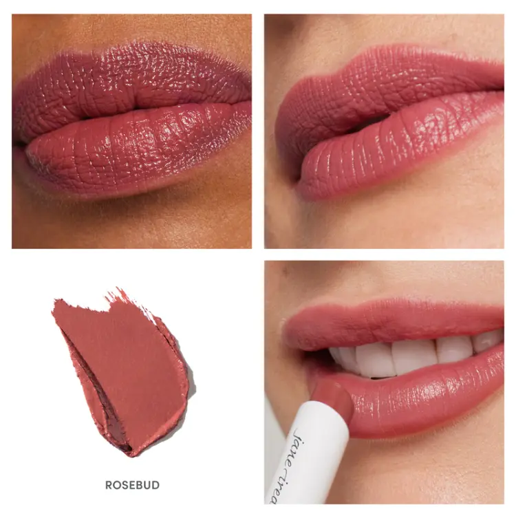 Na zdjęciu zaprezentowano szminkę Jane Iredale w odcieniu Rosebud, pokazującą jej wygląd na trzech różnych tonacjach skóry. Odcień: Rosebud. Przygaszony, klasyczny róż z nutą ciepłej czerwieni      Wyważony, elegancki kolor różano-malinowy
