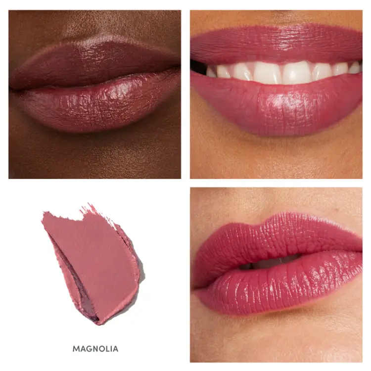 Na zdjęciu przedstawiono pomadkę Jane Iredale w odcieniu Magnolia To odcień głęboki, neutralny róż z domieszką brązu. Subtelny, elegancki kolor codzienny