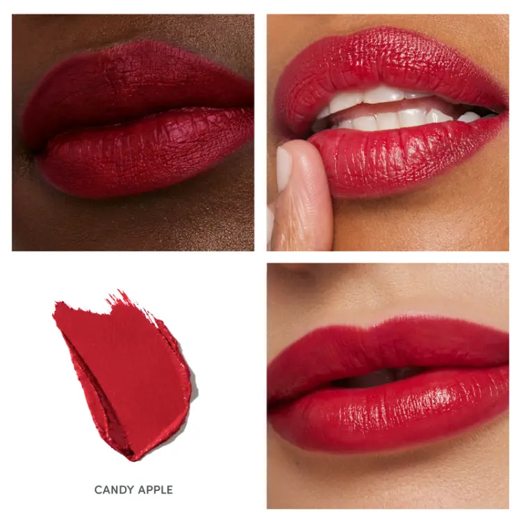 Na zdjęciu widoczna jest pomadka Jane Iredale w odcieniu Candy Apple. To klasyczna, głęboka czerwień z chłodnym, lekko wiśniowym tonem. Soczysty kolor skórki czerwonego jabłka.