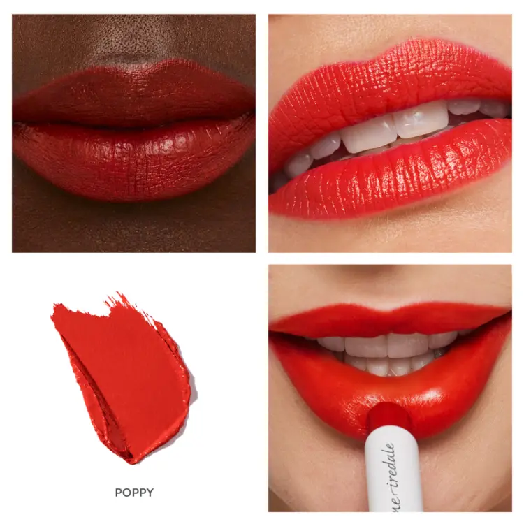 Na zdjęciu widzimy pomadkę Jane Iredale w odcieniu Poppy. To intensywny, żywy odcień czerwieni z wyraźną pomarańczową nutą. Jasny i energetyczny, ciepły ton, idealny na wiosnę i lato. Można go opisać jako makową czerwień lub czerwień z odcieniem koralu.