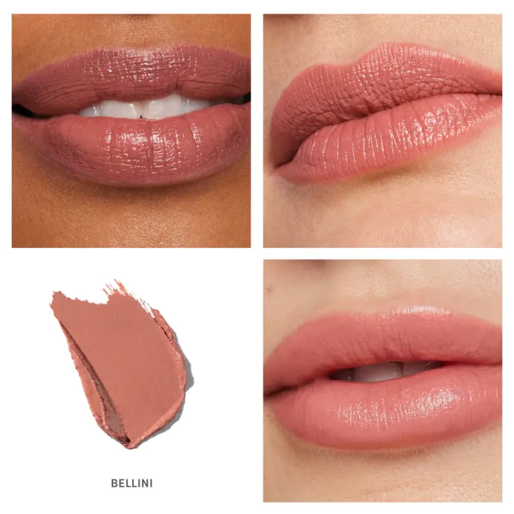 Na zdjęciu widzimy pomadkę Jane Iredale w odcieniu Bellini - to ciepły, przygaszony odcień brzoskwiniowo-różowy z nutą nude. Delikatny, subtelny i naturalny.  Idealny do codziennego makijażu.