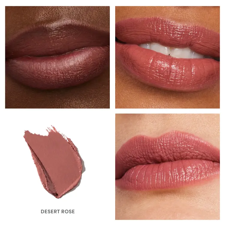 Na zdjeciu szminka Jane iredale w odcieniu Desert Rose, pokazana na ustach modelki. To ciepły, stonowany róż z delikatnymi brązowo-łososiowymi tonami i subtelnym satynowym wykończeniem. Idealny jako codzienny, elegancki kolor ust