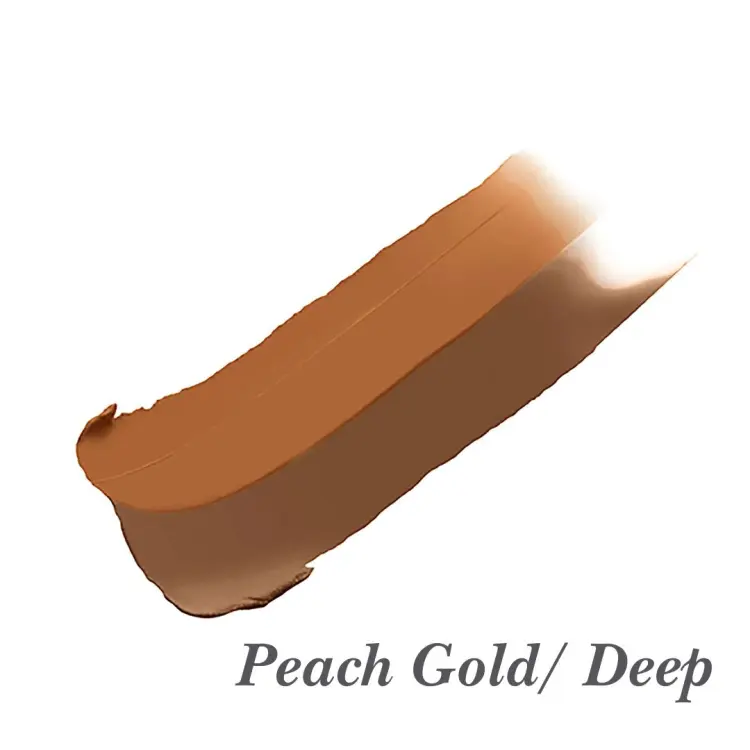 Dwukolorowa próbka korektora Circle Delete Conceale. Peach Gold – ciepły, brzoskwiniowo-złoty odcień z subtelnym złocistym blaskiem. Deep – głęboki, ciepły brąz o karmelowo-czekoladowym tonie.